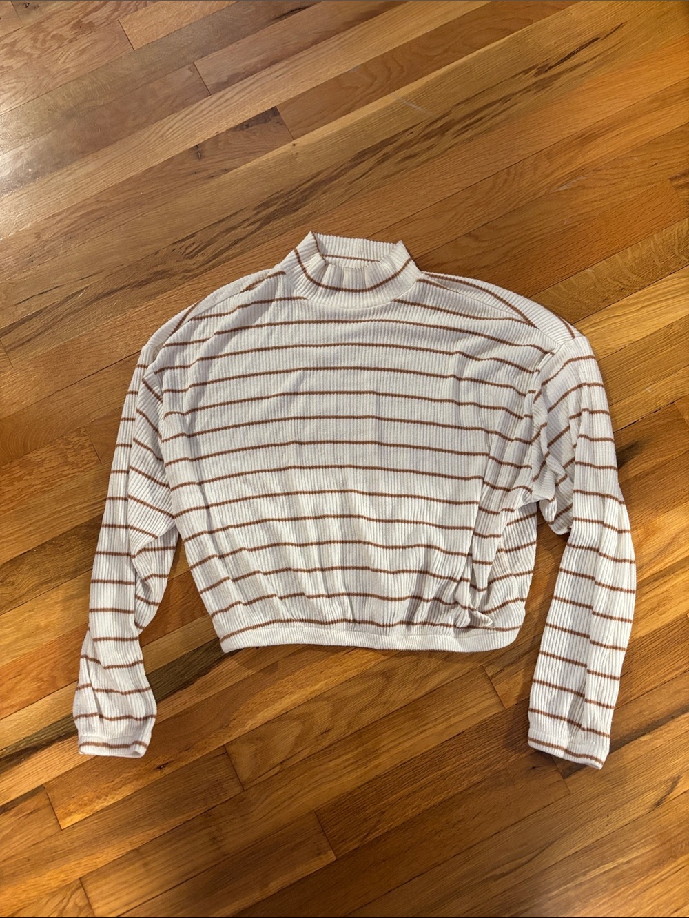 Garage White Cropped Ribbed Top with Tan Trim